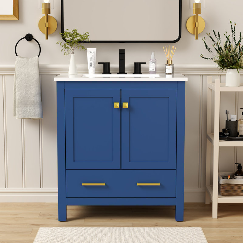 Meuble-lavabo simple en bois massif de 76 cm avec lavabo en céramique