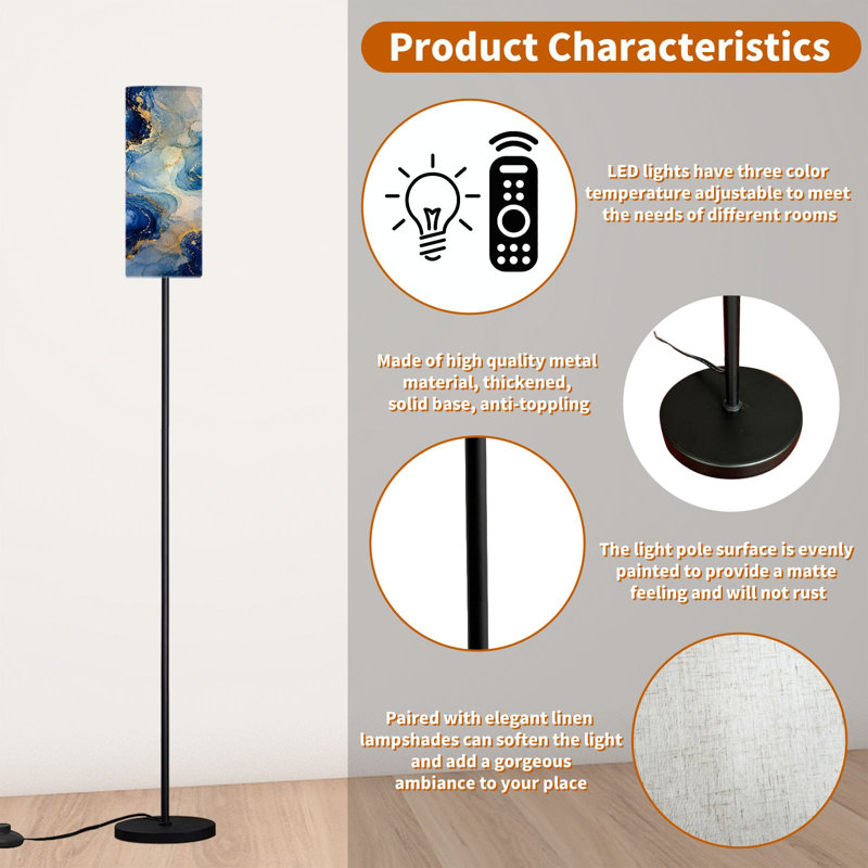  68.5" Standing Floor Lamp Alcohol ink colors Abstract multicolored Dimmable Metal Pole Lamp with Linen Lampshade LED Bulb Included