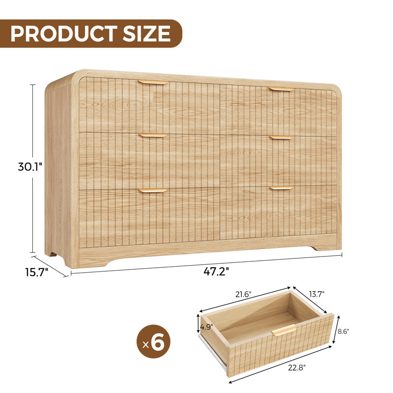 Modern 6-Drawer Storage Chest with Rounded Edges and Spacious Organized Drawers, Brown, 6