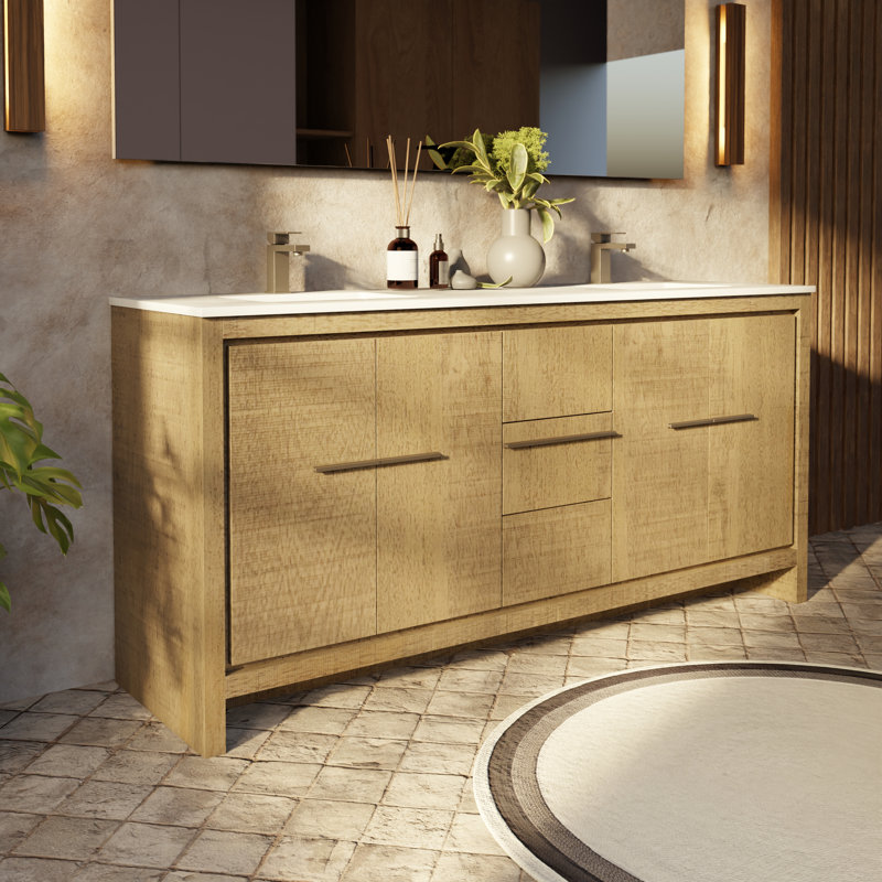 Lafarre 72 in W x 20 in D Double Bath Vanity and Gun Metal Faucet Set, Rustic Acacia, White Quartz