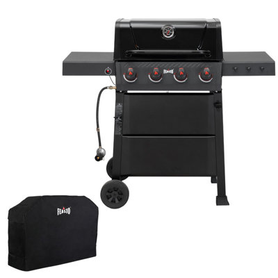 Barbecue au propane autoportant à 4 brûleurs avec couvercle Feasto, grilles en porcelaine émaillée, noir