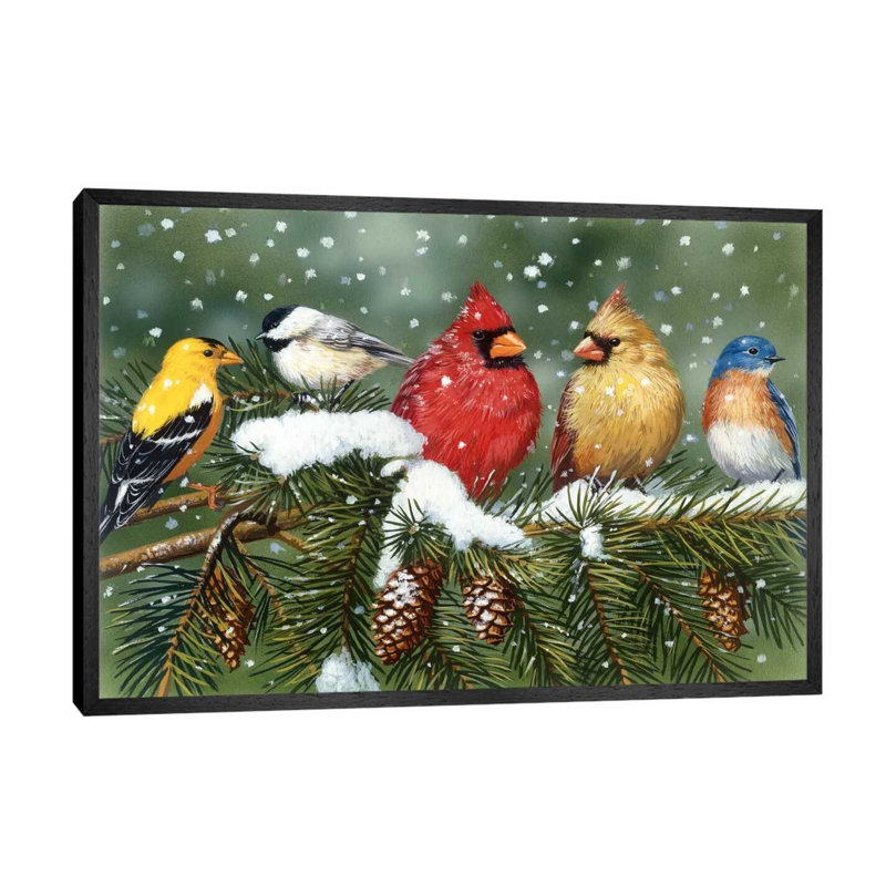 Backyard Birds On Snowy Branch by William Vanderdasson - Floater Frame Painting on Canvas, 152.5 cm H x 101.5 cm W