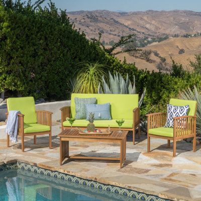 Outdoor Acacia Wood Sofa Set With Water Resistant Cushions, 4-Pcs Set, Outdoor Patio Sofa Outdoor Set