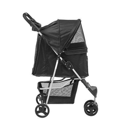 Poussette pour animaux de compagnie, poussette pour chien à 3 roues pivotantes avec freins, capacité de charge de 16 kg, poussette pour chiot avec pédale avant, fermeture velcro, panier de rangement et porte-gobelet, noire, conçue pour les voyages avec chiens et chats