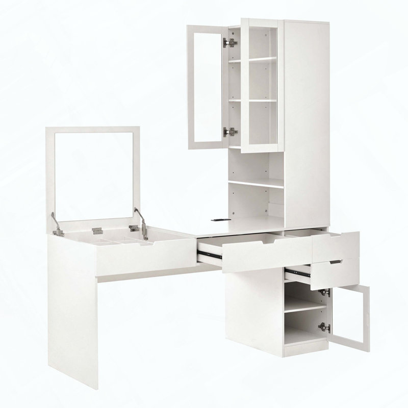 Meuble-lavabo polyvalent avec miroir rabattable, station de charge, 8 compartiments cachés et rangement