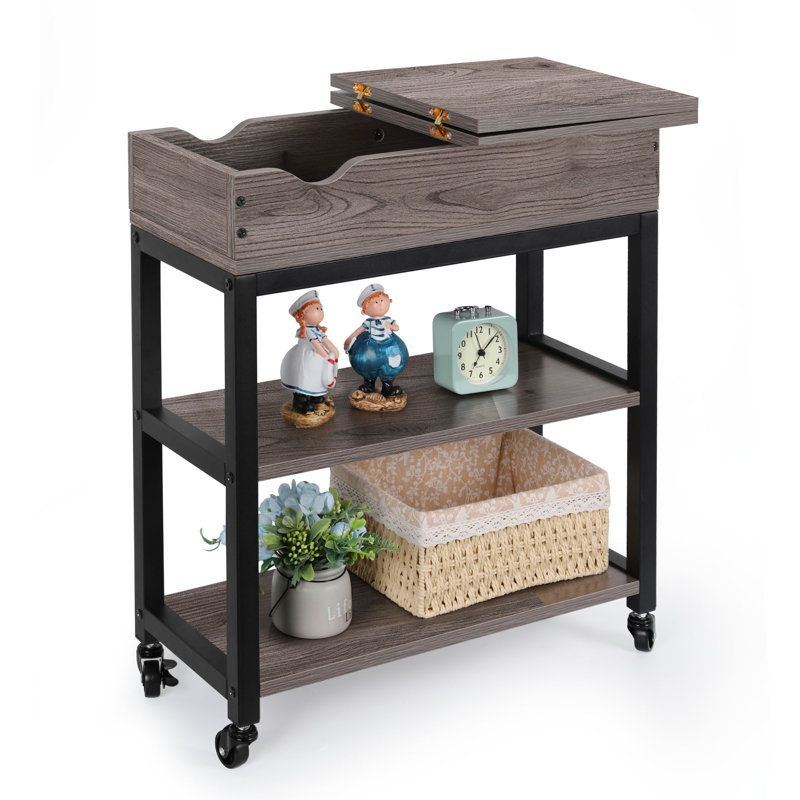 Solid Wood Top End Table and Built-In Outlets, Gray