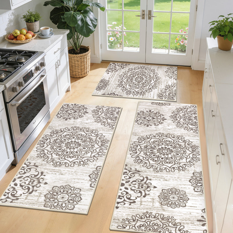 Boho Non-Slip Washable Kitchen Mat (Set of 3), Brown