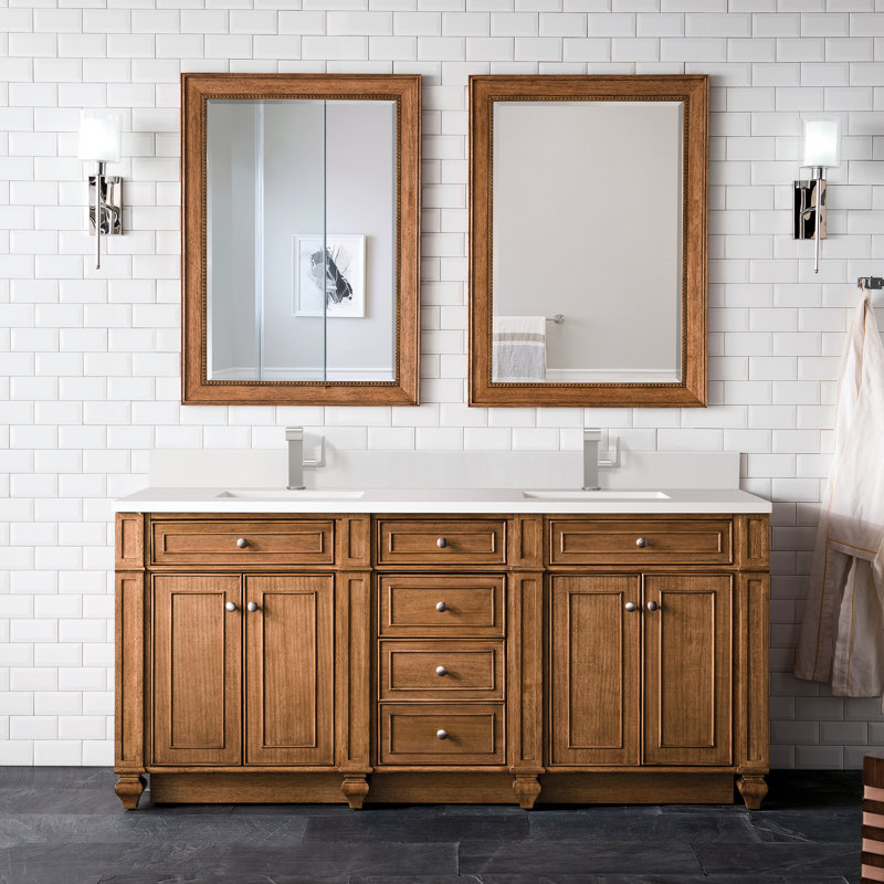 Meuble-lavabo double l 72 po Bristol, Brun selle, Blanc Zeus, Trou unique