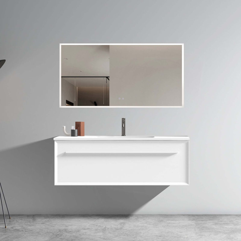 Meuble-lavabo blanc mat 48 po avec lavabo à surface solide blanc, meuble-lavabo mural flottant pour salle de bain moderne, lavabo une pièce sans drain, pré-assemblé