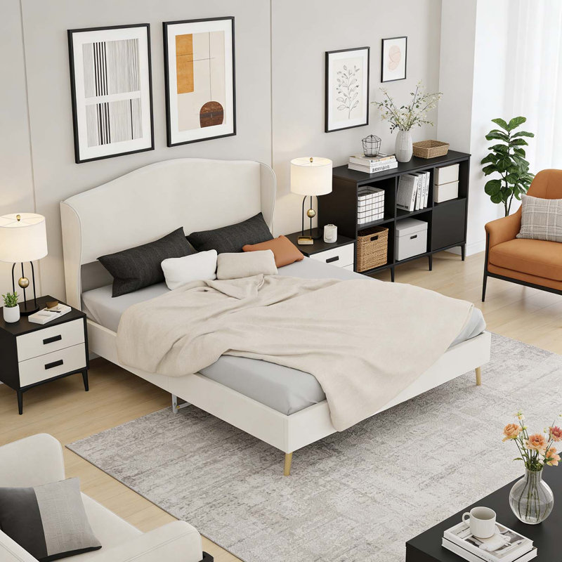Lit rembourré avec tête de lit, structure robuste pour le confort et l'élégance, Beige, Grand lit