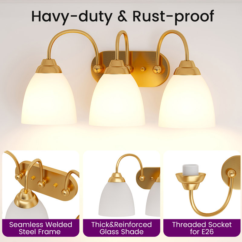 3-Light Bathroom Vanity Light with White Frosted Glass Shades (3 B11 Bulbs Included), Gold