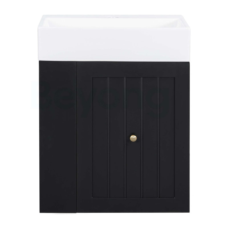 Meuble-lavabo de 20 pouces avec lavabo en céramique, armoire de rangement en panneau de fibres à densité moyenne avec tiroir, tablette latérale et poignée argentée - meuble-lavabo moderne pour les petites salles de bain