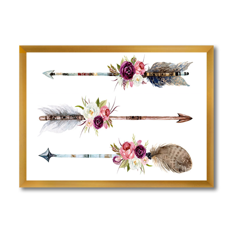Plumes et fleurs sur les flèches indigènes III - peinture sur toile, H 16 po x l 32 po x p 1 po, Cadre doré