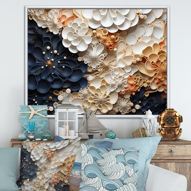 Collage de fleurs blanches et bleues corail II - impression, Cadre flottant blanc, H 34 po x l 44 po x P 1,5 po