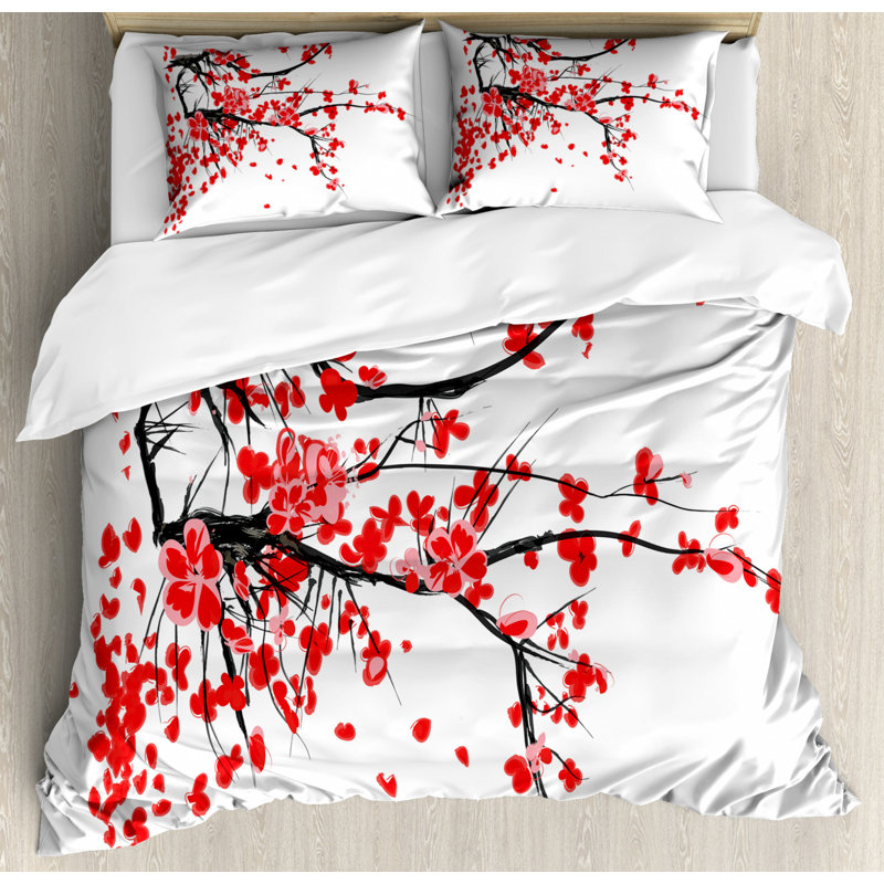 Queen Size White and Red Floral Duvet Cover Set with Pillow Shams