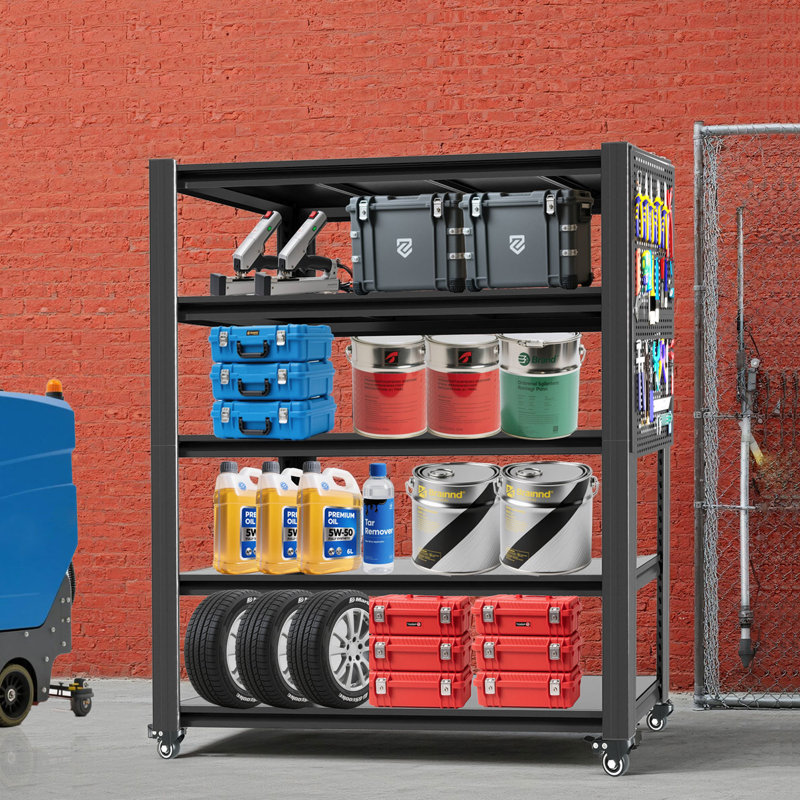 Étagère à 5 niveaux en métal robuste - capacité de 2000 lb avec panneau perforé et roues verrouillables, pour le garage / entrepôt / cuisine