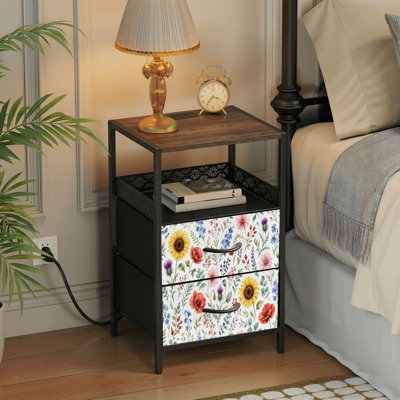 2 Drawers Nightstand with Charging Station, Bedroom Nightstand with USB Ports & Outlets Open Shelf Black