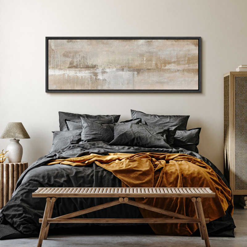 Abstract Neutral Green Tan Brown Home Decor Extra Large Pictures Framed Canvas Print Wall Art, 20" H x 60" W, Black