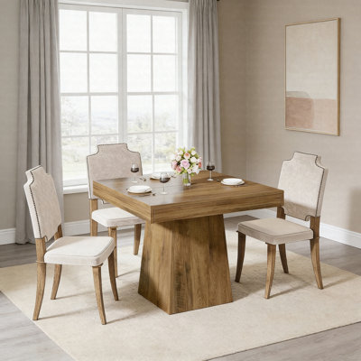 31.5" Square Farmhouse Dining Table For 4 – Grey Wood Grain Kitchen Table With Pedestal Base