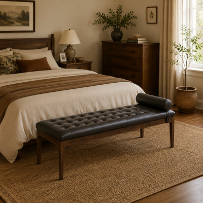 Banc capitonné en polyuréthane de style Mid-Century avec repose-tête, banc rembourré avec pieds en bois massif