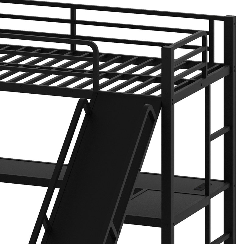Lit superposé en L avec lit mezzanine, lit superposé triple en métal avec glissade et ports USB, Jumeaux sur complet