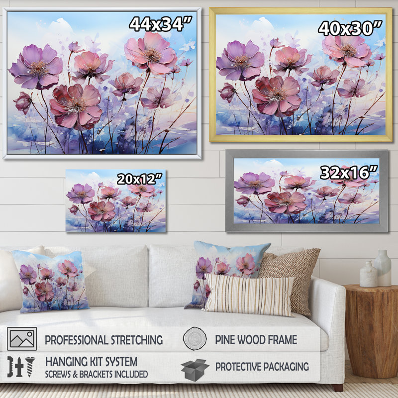 Collage moderne rose et mauve coquelicots, Cadre simple argenté, H 24 po x l 32 po x P 1 po
