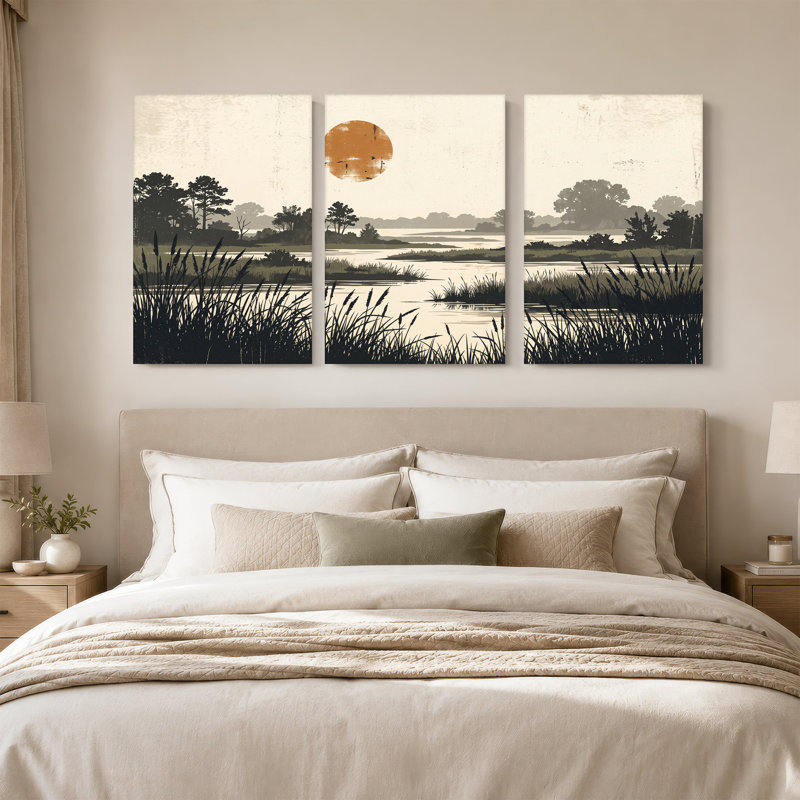 Toile orange sur une rivière avec des arbres en silhouette et ensemble de 3 toiles, H 36 po x l 24 po x 3 pièces