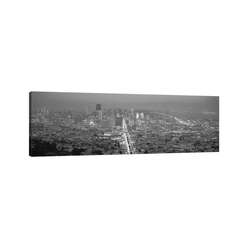 San Francisco Panoramic Skyline Cityscape (Sunset Black & White) - Wrapped Canvas Panoramic Print