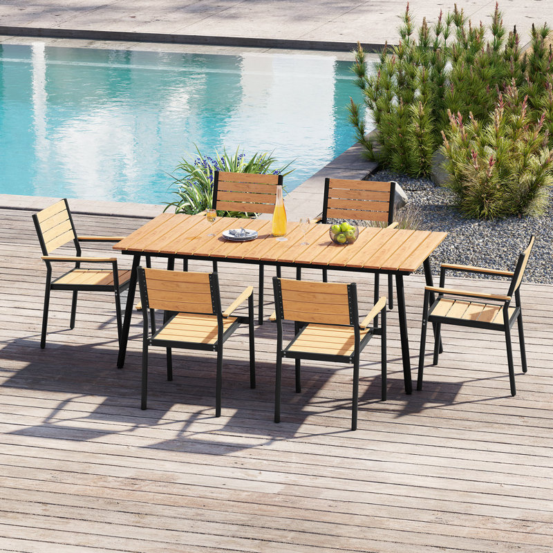 6-Person 70.87''LX33.07''W Outdoor Dining Set with Aluminum Frame, Umbrella Hole and Armchairs, 29.1" H x 70.87" L x 33.07" W
