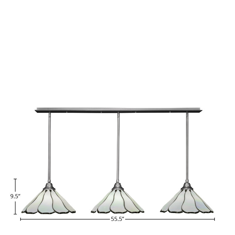 Luminaire suspendu linéaire à 3 lumières suspendu au fini nickel brossé avec perle de 16 po et verre d'art Black Flair