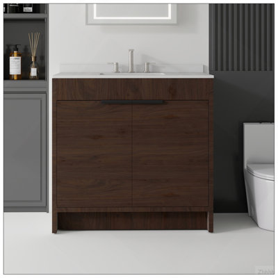 Meuble-lavabo autoportant de 36 po avec lavabo, porte à fermeture en douceur, comptoir en granite blanc 0,6 po et dosseret, contreplaqué, brun