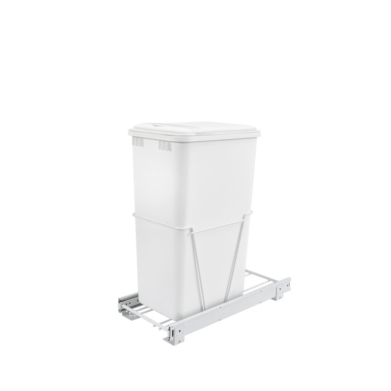 Single White 50 Qt. White Steel Wire Bottom Mount Waste Container w/ Lid and 3/4-Extension Slides for 15" Base Cabinets