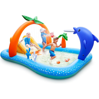 Kiddie Pool With Slide Inflatable Play Center Wading  Kids Pool, Coconut Palm Sprinkler, Water Game Play Center