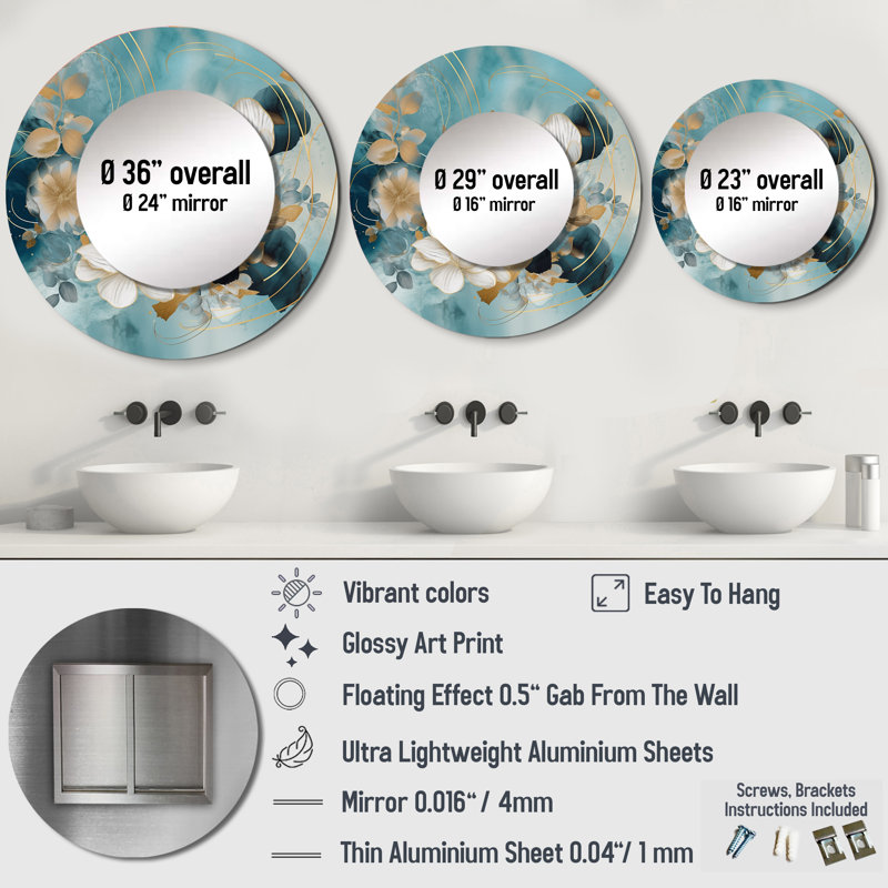 Radee Blue Marble Gold Floral Impressions IV - grand miroir floral, décor de miroir mural rond bleu unique, impression d'art en métal