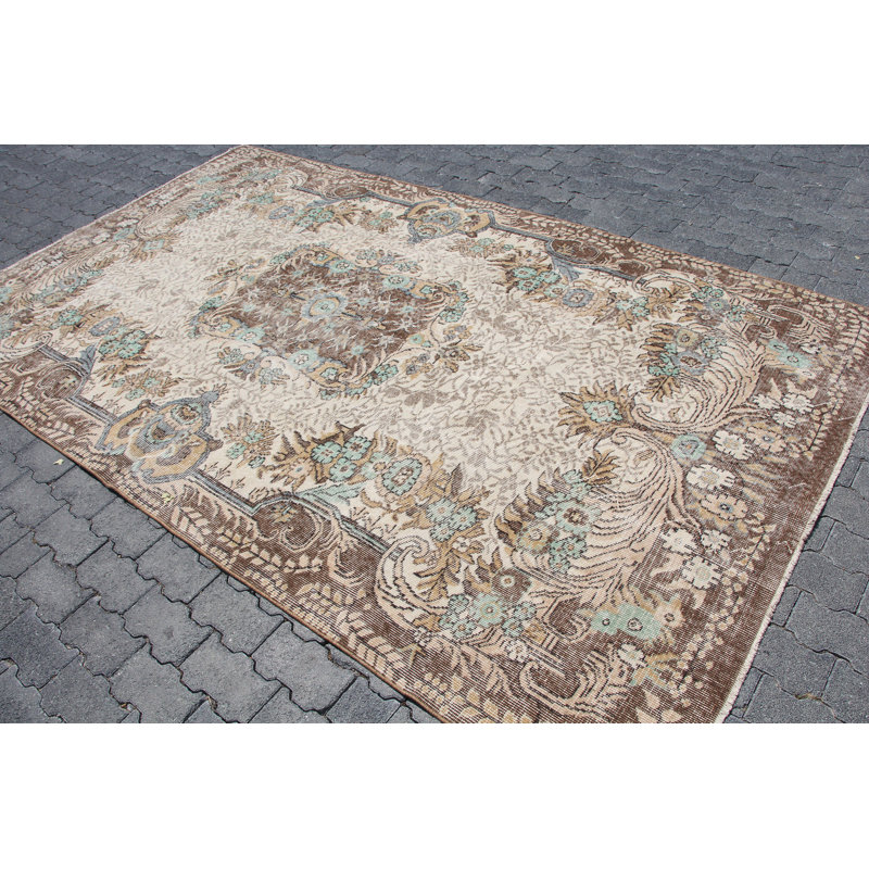 Grand tapis turc rétro - revêtement de sol en laine anatolienne antique, idéal pour la salle à manger beige