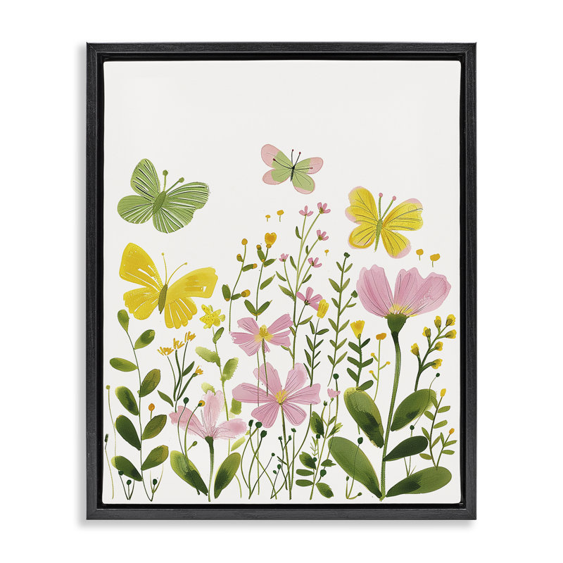  "Whimsical Garden Butterflies Floater", art mural par LSR Design Studio, Cadre flottant noir de jais, H 21 po x l 17 po