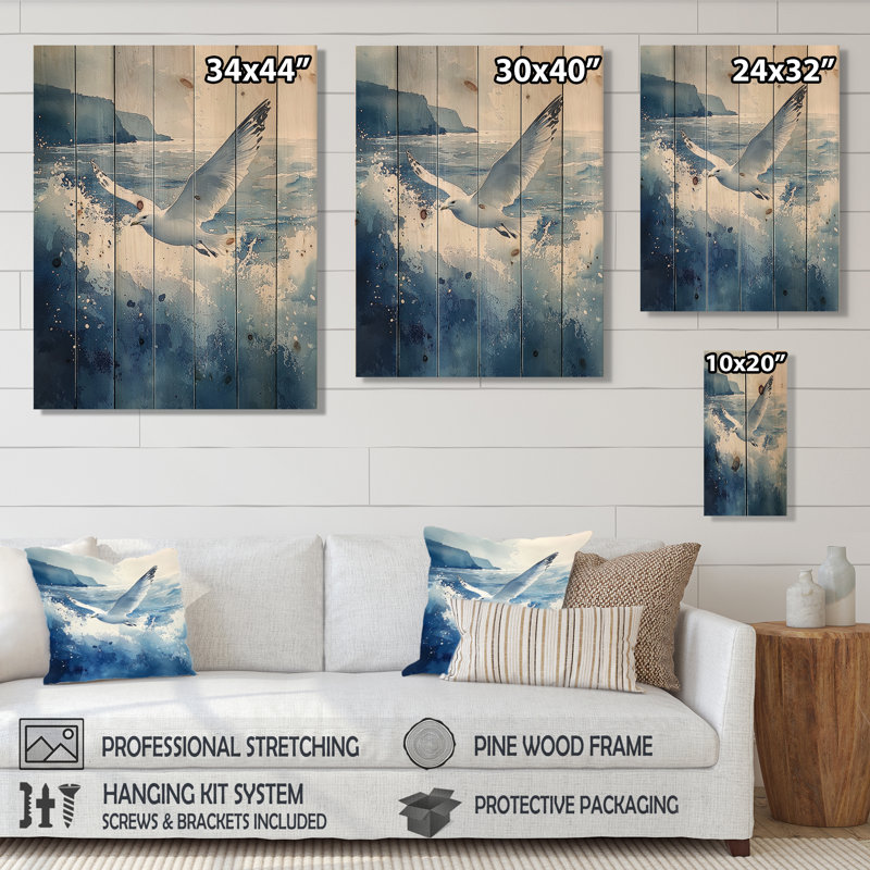 Mouette dans la brise II - Décoration murale en bois d'oiseau - sur bois de pin naturel, H 44 po x l 34 po x P 0,78 po