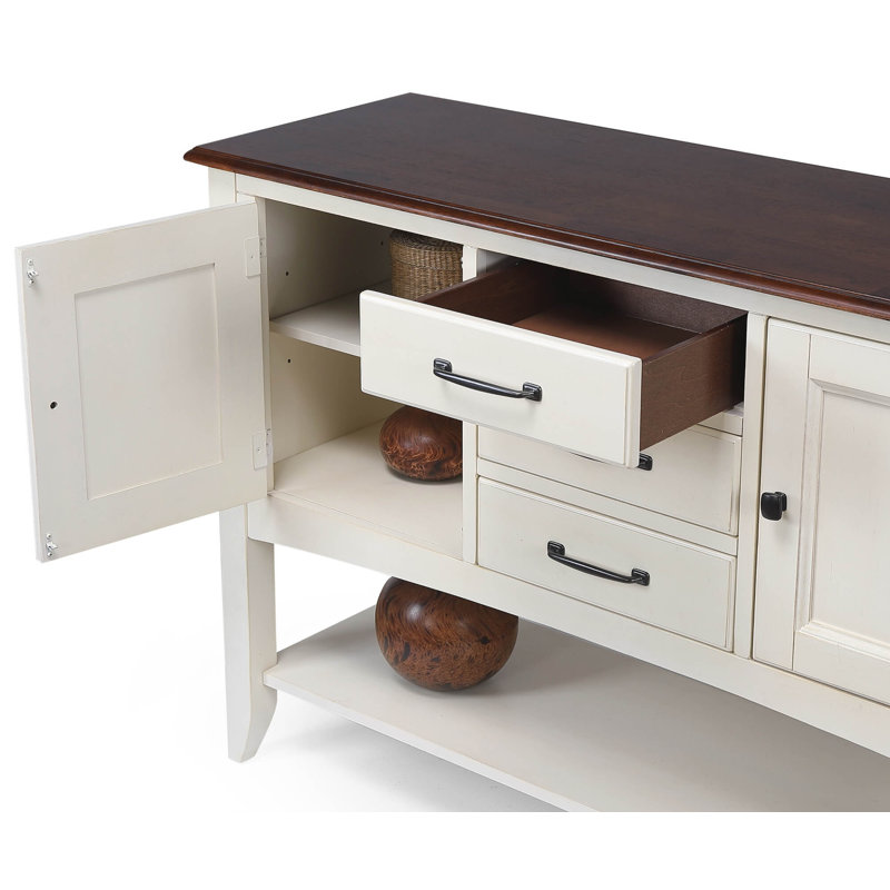 Buffet avec grande tablette Zechari | 3 tiroirs 2 armoires de rangement | Blanc antique et brun châtaignier