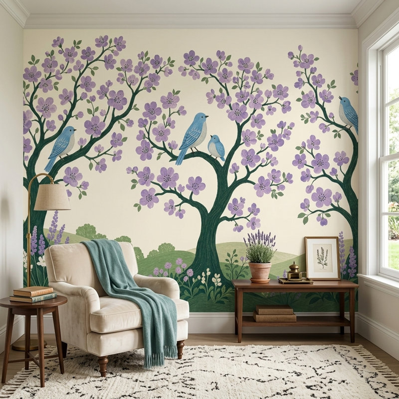 Fresque murale Arbre en fleurs Oiseaux bleus lavande Jardin floral Art mural, 140 po x 108 po, Non tissé