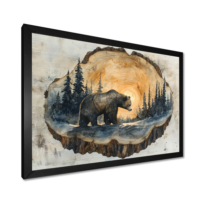 «Grizly Bear Into The Winter Landscape I», art mural ours, H 12 po x l 20 po, Cadre simple, Noir