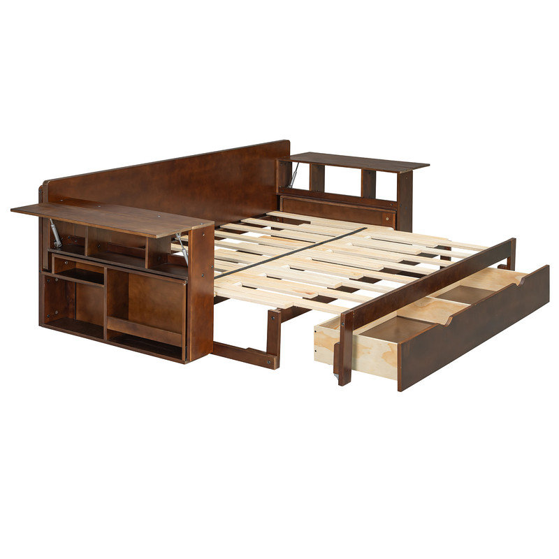 Grand lit de jour avec bureau amovible, tiroirs de rangement et table d'appoint hydraulique, espresso, Grand lit, Brun