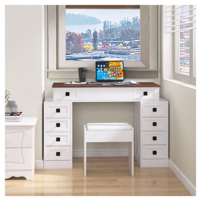 Ensemble de meuble-lavabo moderne avec lumière DEL à intensité variable, table de rangement à 10 tiroirs avec miroir rabattable et tabouret, ensemble de meuble-lavabo en noyer blanc compact pour la chambre à coucher