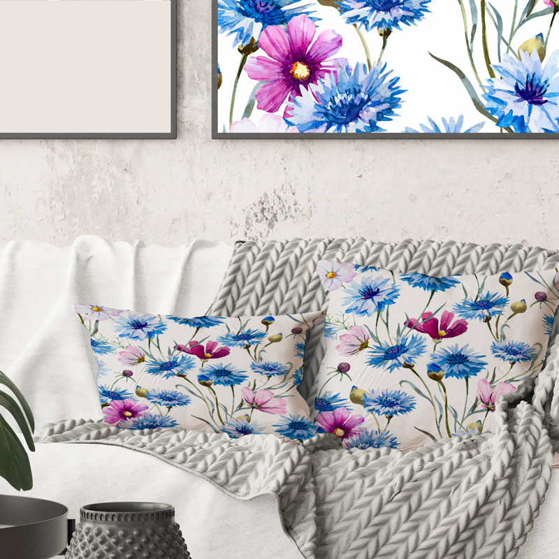 Bleu et rose, bleuet sauvage, coussin traditionnel imprimé