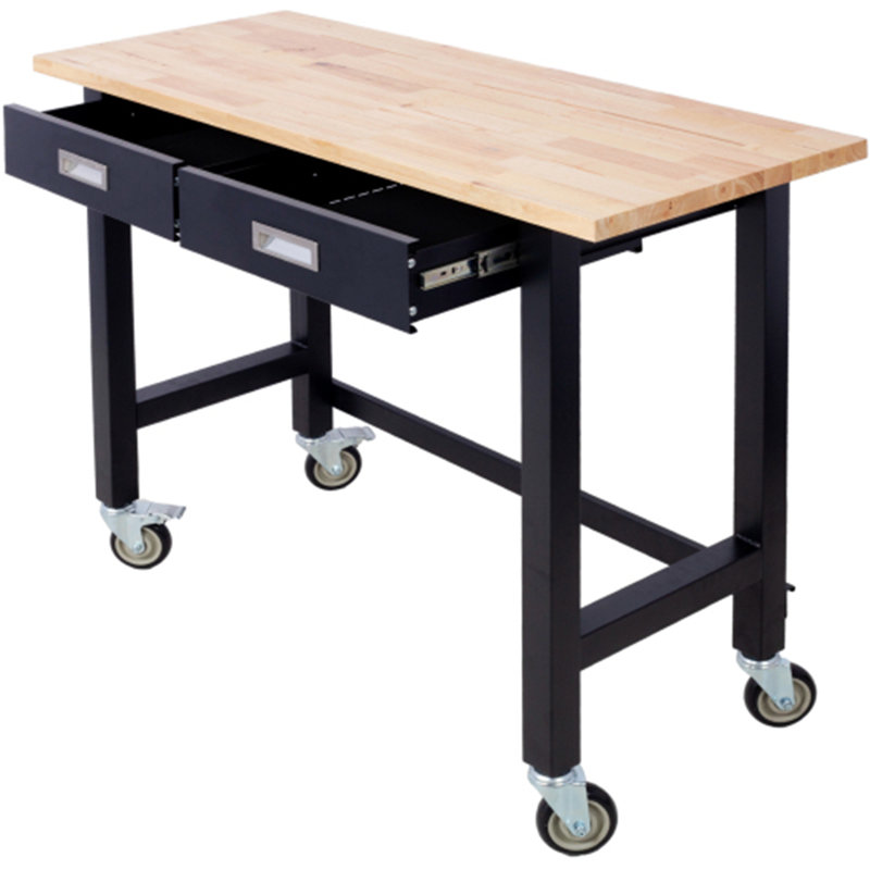 Banc de travail, établi avec rangement de tiroir, table de travail en bois de bambou robuste avec roulettes pour le bureau à domicile
