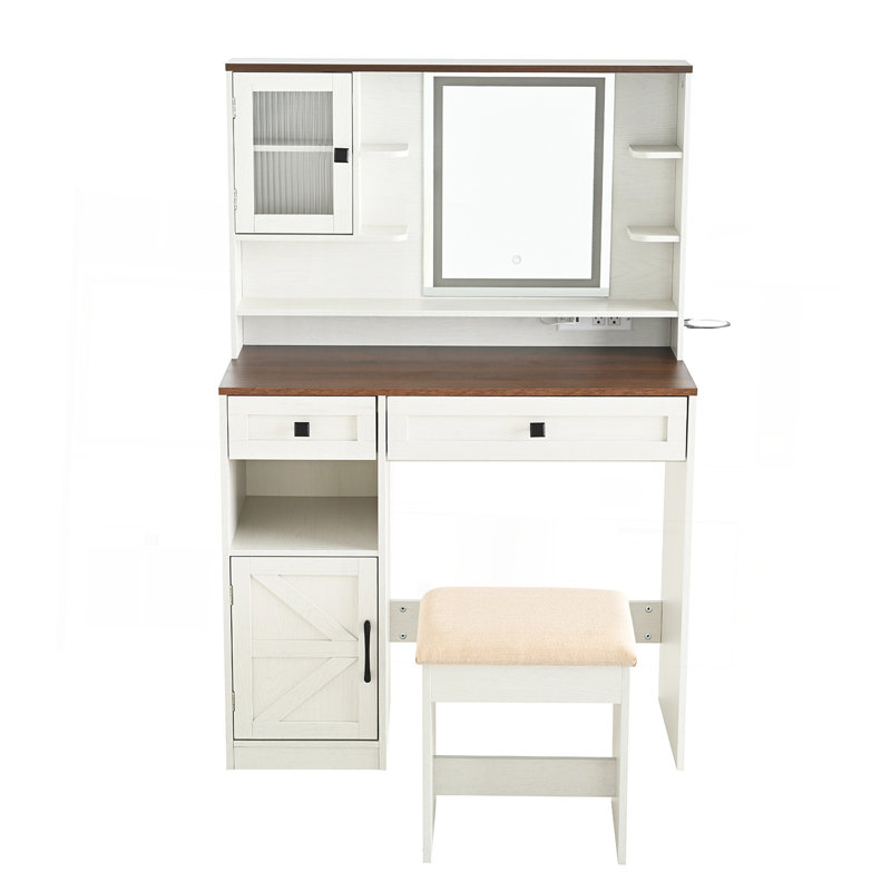 Bureau de coiffeuse avec miroir et lumières, ensemble de coiffeuse avec station de charge et tabouret, tiroirs, tablettes et armoire latérale Farmhouse