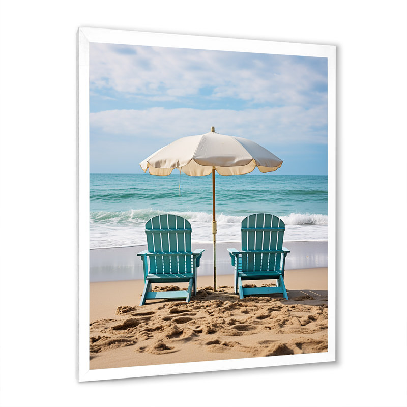 «Beach Chairs Scenery III - Coastal Beach», art mural sur toile, Cadre simple blanc, H 20 po x l 12 po x P 1 po