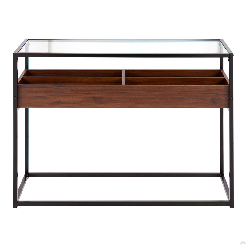 Console contemporaine en métal noir, bois de noyer et verre transparent