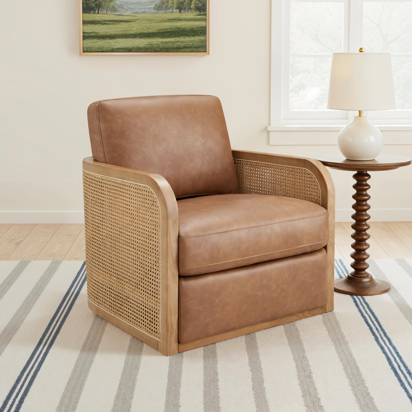 Juliette Genuine Leather Swivel Barrel Chair, Copley Camel Vegan Leather