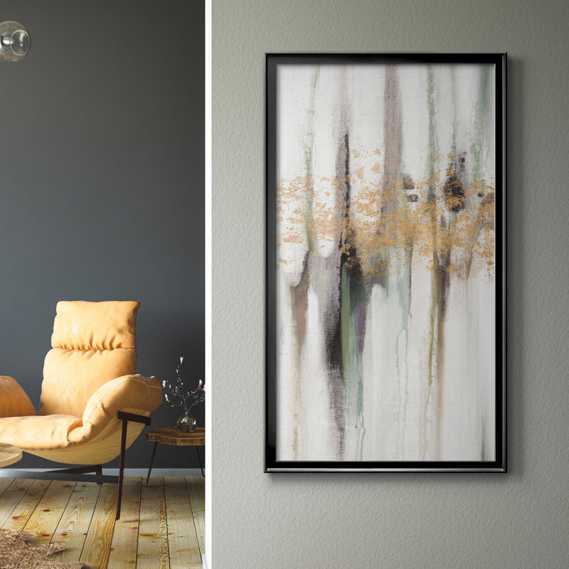 Falling Gold Leaf I - Peinture sur toile encadrée, Toile avec cadre noir, H 14,5 po x l 26,5 po x P 1,5 po