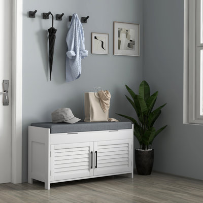 Banc à chaussures, banc de vestibule avec rangement pour chaussures, coussin, compartiments cachés, tablettes réglables et portes à volets, range-chaussures 35,4 po pour vestibule, couloir, peut supporter jusqu'à 352 lb, blanc